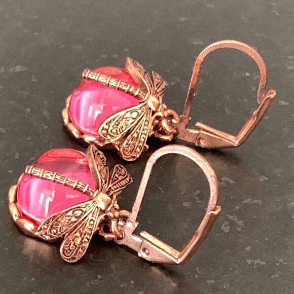 Pink Dragonfly Earrings Vintage Victorian Style Glass & Rose Gold Tone Metal NEW - Picture 10 of 10